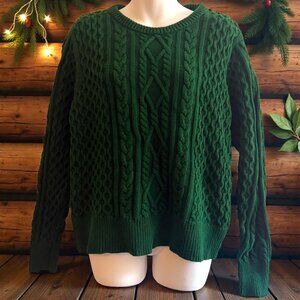 Vintage Crystal-Kobe Green Cable Knit Sweater | Heavy Cotton Knit | Size L